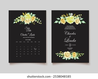 Cartão de Convite Floral de Aquarela de Fundo Preto. Ilustrador e designer. Convites de casamento, salvar a data, Convites de aniversário, Convites de vídeo, E-Cards.