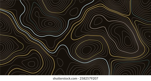 Black background and waves of colored lines
Topographic contours map background. Topography geographic colorful lines background. Geographic lines map on elevation assignment pattern. White paper 