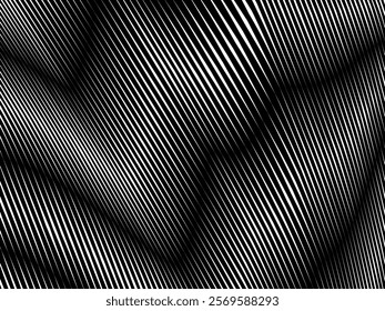 Black background with waving white abstract line pattern. Modern black and white abstract background.