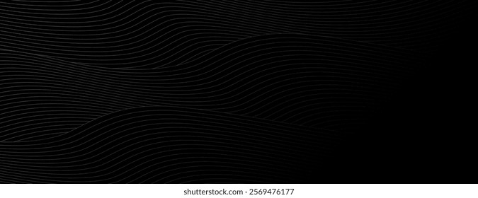 Black background with wavy line texture. The background is sleek and modern, featuring black curves and a smooth black finish. Modern wavy line pattern background. Black background vector.