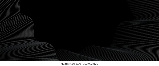 A black background with wavy lines, creating a sleek, modern style. The black background adds depth and elegance with subtle texture. Minimal abstract flow line vector gradient background