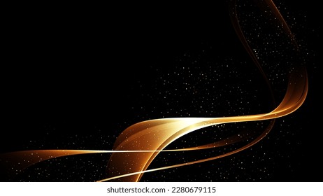 Black background with wavy lines gold color. Liquid shape golden wave with shiny confetti.