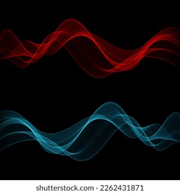 Black background with wavy lines. Set of light waves. Abstract wave background.