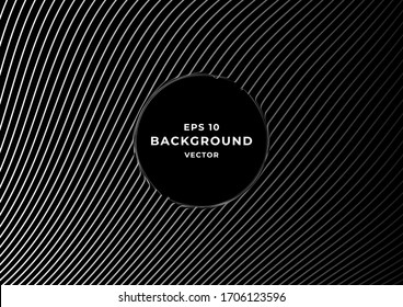 Black background with wavy white gradient lines and round copy space in the center. Design for banner, wallpaper, website and other graphics. Vector. Eps 10.