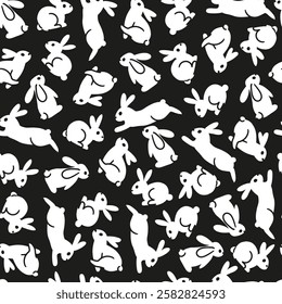 Black Background Whimsical White Easter Bunnies. A seamless Easter-themed pattern that perfect for holiday decorations, greeting cards, fabric prints, gift wraps, and creative Easter design projects.