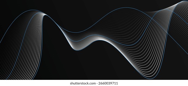 Fondo negro con líneas onduladas Abstractas blancas y azules Diseño futurista moderno del flujo para la tecnología, digital, y visuales elegantes
