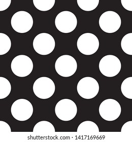 Black background with white circles. Seamless black and white vector decorative background with polka dots. Classic style. Flat design