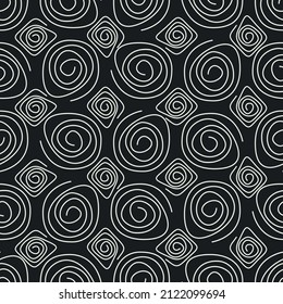 Black background and white coils seamless pattern. Vector.