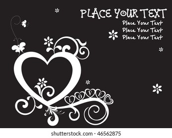 black background with white decorated floral pattern heart