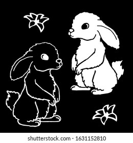 Black background white easter rabbit sitting with long ears and cute nose paschal mascot outline character spring holiday tattoo set petal flower tattoo set  stock vector illustration 