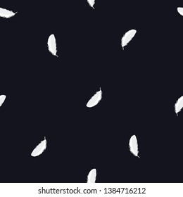 Black background and white feathers Seamless pattern set
