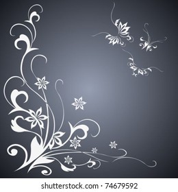 Black background with white florets and butterflies