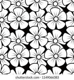 Black background and white flowers. Simple forms. Seamless background. Flowers. Vector background. Vector illustration. Simple style. One color. Vector.