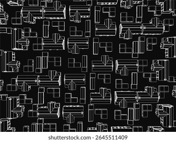 Black background with white geometric contours forming house-like patterns. Abstract design with clean lines, modern aesthetic, and high contrast.
