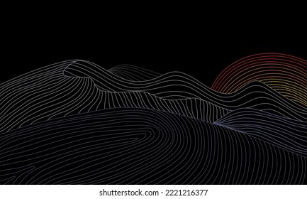Fondo negro de color gris blanco paisaje de línea gris diseño japonés papel de pared abstracto 