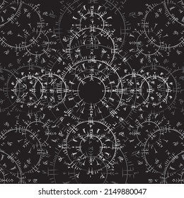 Black background with white and grey abstract circle symbols. Scandinavian signs of viking culture. Norse Europe magic pattern wallpaper