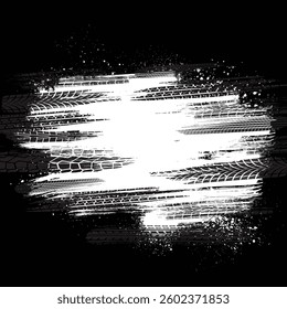 Black background with white grunge ink blots splashes and tire tracks
