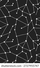 Un fondo negro con constelaciones y estrellas dibujadas a mano blancas, creando un patrón sin fisuras.