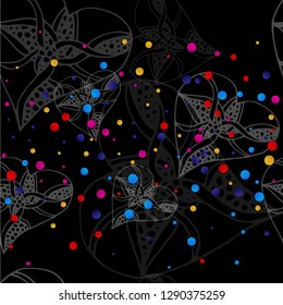 Black background with white hearts in the style of sketching and bright colored dots.
