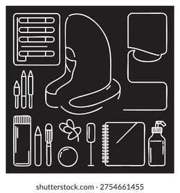 A black background white line of various manicure tools and supplies including nail clippers, files, brushes, a buffer, and a bottle of nail polish. The composition is clean and minimalistic,.........