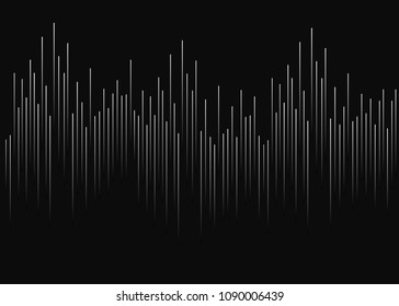 Black background with white lines. Vertical white gradient bands in the middle in the form of graphics, cardiograms, running bands. Music soundtrack, soundwaves.