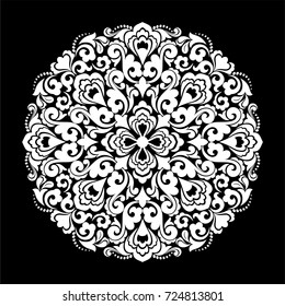 Black background with white mandala ornament in the east style. Ideal for printing on fabric or paper. Vector illustration. Vintage decorative elements. Islam, Arabic, Indian, ottoman motifs. 