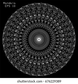 Black background. White mandala. vector