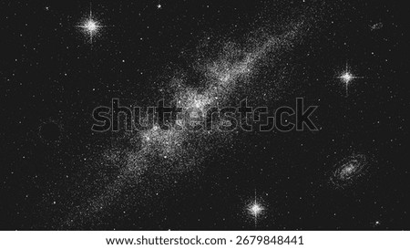 Black background with white noise effect. Dot space grain texture. Vector cosmic dust for abstract overlay.