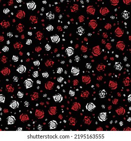 Black background with white red flowers roses floral seamless pattern vector illustration Pretty flowers on black background. Printing with small flowers. Ditsy print. Seamless texture