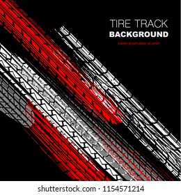 Black background with white, red and gray tire track silhouettes