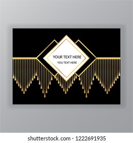 Black background with white rhomb sample for text and golden metal drops.
Template for web and print, posters, banners. Art deco and Art nuvo style.