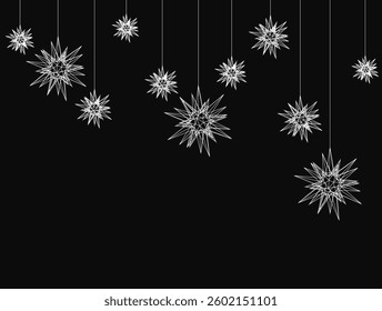 A black background with white snowflakes hanging from the ceiling. The snowflakes are all different sizes and shapes, creating a sense of movement and depth