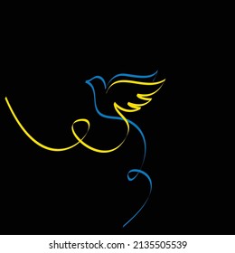 Black background with yellow and blue Ukrainian flag colours dove abstract silhouette. Outline peace bird lines pattern with place for text
