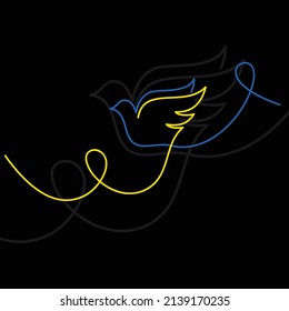 Black background with yellow and blue Ukrainian flag colours dove abstract silhouette. Outline peace bird lines pattern with place for text