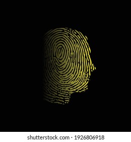 Black background with yellow fingerprint human face silhouette. People identification wallpaper