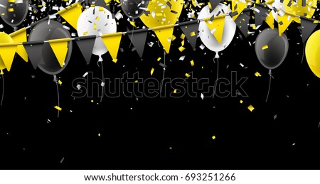 Black background with yellow flags, balloons and confetti. Vector illustration.