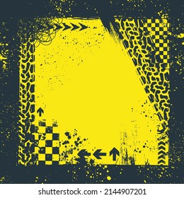 Black background with yellow grunge ink blots frame rectangle form. Tire track wallpaper with different speed race track design elements