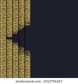 Black background with yellow islamic calligraphy lines. Bright golden poster wallpaper. Art deco shadow linear muslim and arabic pattern