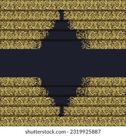Schwarzer Hintergrund mit gelben islamischen Kalligrafiestrecken. Helles goldenes Poster-Tapete. Art deco-Schattenlineares Muslim und arabisches Muster