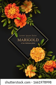 Black background with yellow marigold and golden frame. Floral poster template