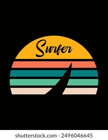 a black background with a yellow and orange retro circle with the word surfer on it