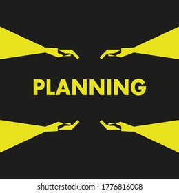 Black background, yellow planning icon, and hand drawing. Vector drawing.