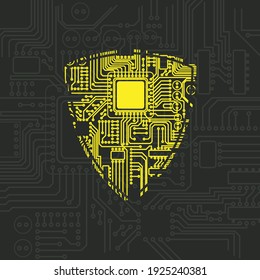 Black background with yellow shield silhouette and electrical circuit board. Digital data protection wallpaper