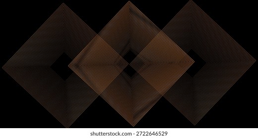 Black background with yellow shiny geometric lines. Modern shiny orange square line pattern. Elegant graphic design. Futuristic technology concept.