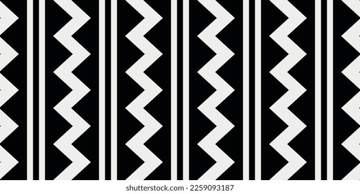 Black background and zigzag along with vertical stripes. Vector print for surface application, can be seamless. Stylish design with vector pattern.