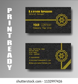 Black backgrounded print ready business card design with lines pattern and golden colored text