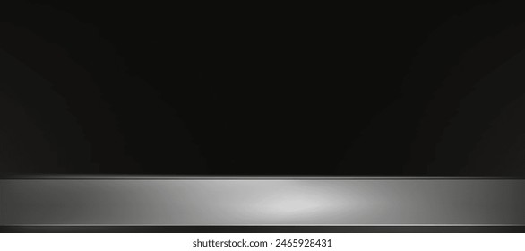 Fondo negro, habitación de estudio vacía con luz puntual en gris acero inoxidable metálico mostrador superior para presentación de Producto, fondo de Vector textura de estante de metal con luz reflejada en el suelo