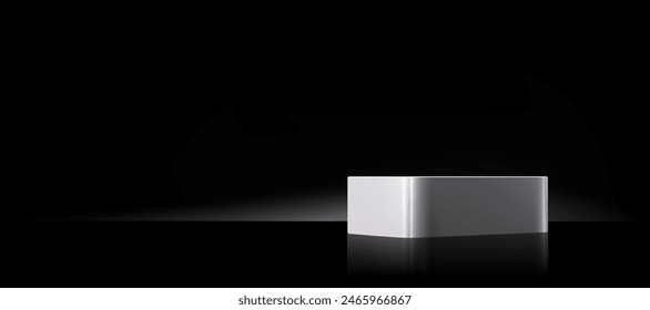 Black Background,Empty Studio Room with Spot Light on White Shiny Podium Display for Cosmetics Product Presentation,Vector Minimal Backdrop Metal shelf texture with light reflect on floor