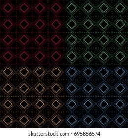 Black backgrounds with colored geometric elements. Abstract seamless wallpapers. Colored collection