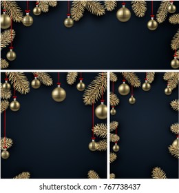 Schwarze Hintergründe mit Tannenästen und goldenen Weihnachtsbällen. Vektorgrafik.